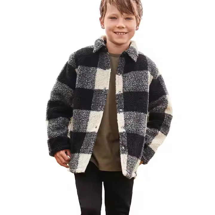Black and white grid winter coat kids warm winter children's woolen coats with quilted inner