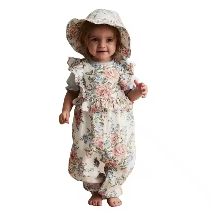Guangzhou Manufacture Kids Girls Clothes Summer Baby Rompers With Print Pattern Linen Cotton One Piece Jumpsuit Latest Style
