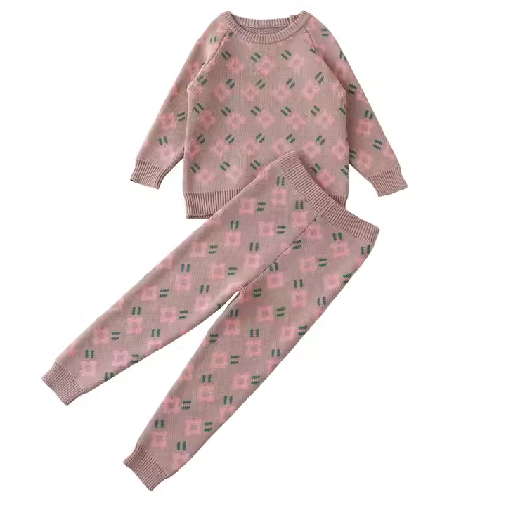 Factory Price Premium Jacquard Pattern Baby Girl Sweater and Pants 2 Pieces Set Kids Knit Sweater Set