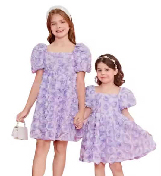 OEM and ODM Mommy and Me Full Purple Flower Sister Custom Dress Gaoteng Manufacturing Family Matching