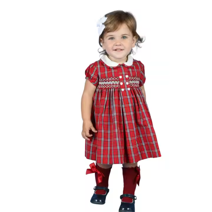 Christmas Girls Designer Dress Romper Red Plaid Style With Peter Pan Collar Woven Fabric Children Season Autumn and Winter