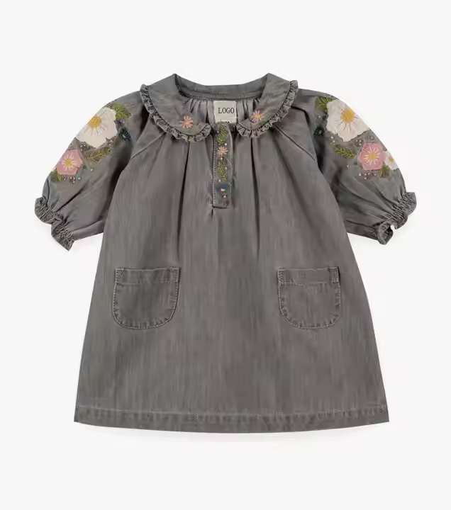 Custom Autumn Girls Casual Dresses Newest Design with Embroidery Denim Wash Fabric Plain Dyed Special for Children