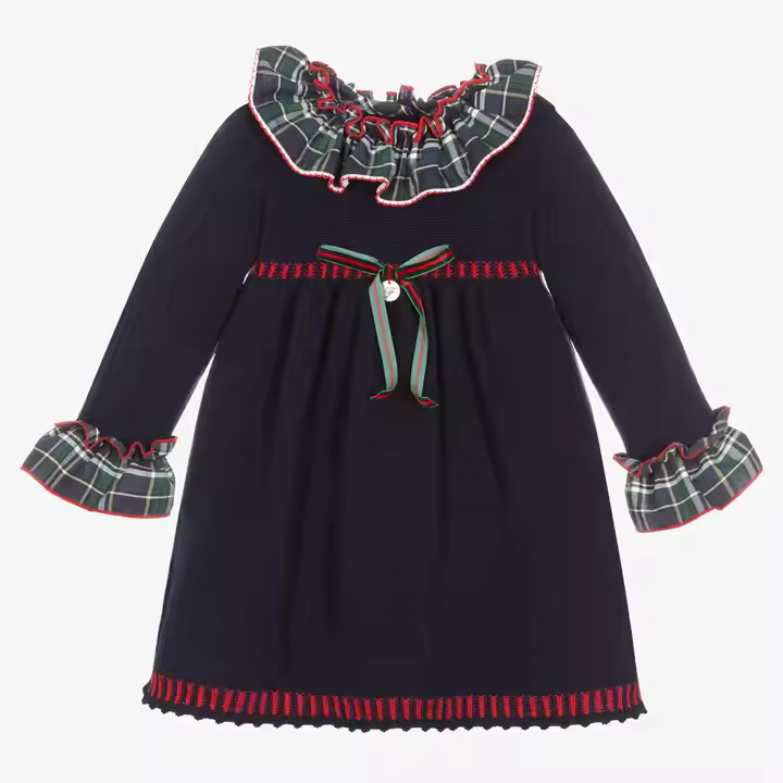 OEM Custom Factory Wholesale Children Navy Colors O-Neck Plaid Autumn/Winter Sweater Dress