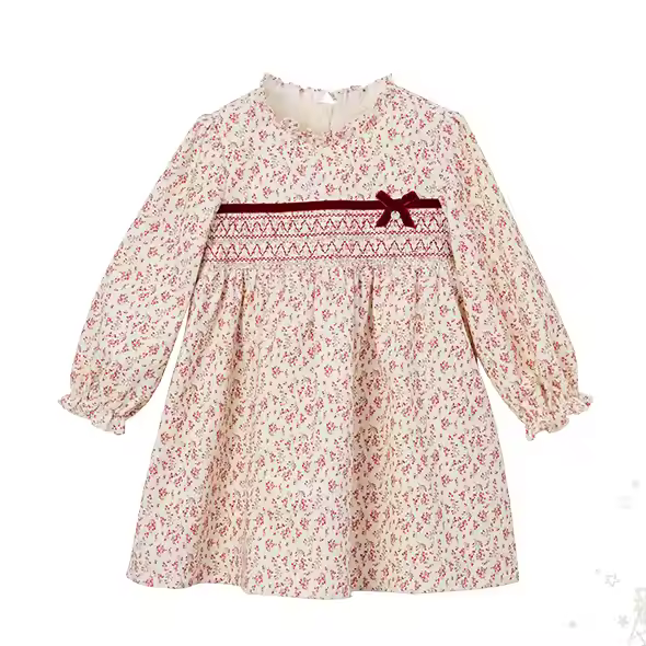 Private Label Girls Dress Allover Floral Print Cotton Smart Casual Kids Wear for Spring Smocking Model Dress