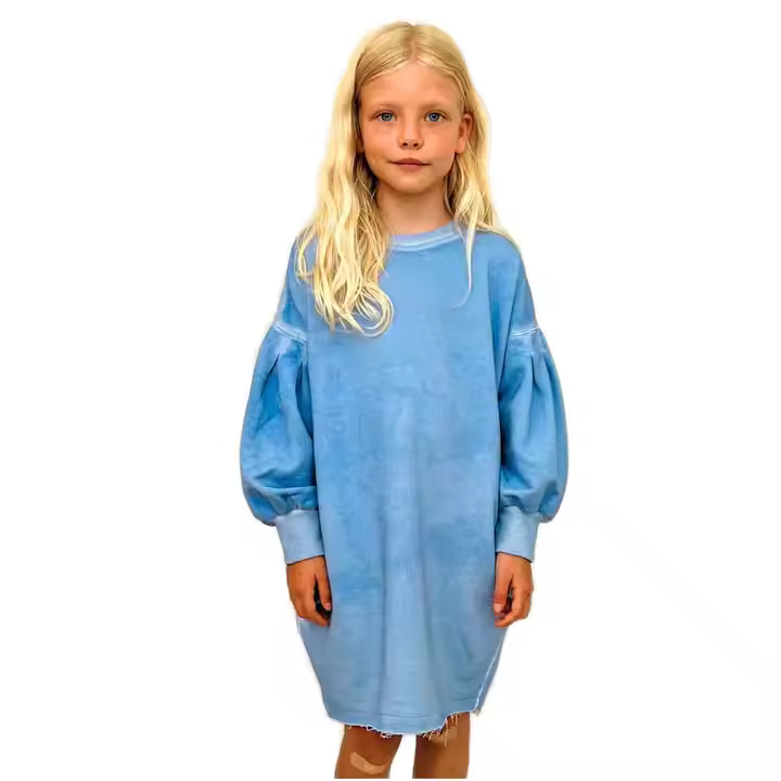 OEM & ODM Girls Cotton Acid Wash Jersey Dress With Balloon Long Sleeves Casual Children's Denim Dress for Girls