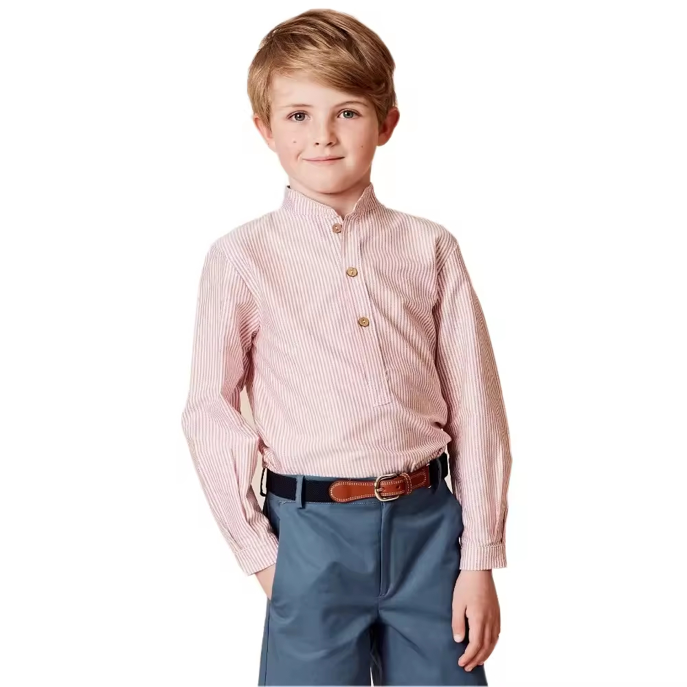 Casual and Formal 11-Year-Old Boys' Cotton Uniform Shirts Breathable Striped Top With Embroidered Technics for Summer