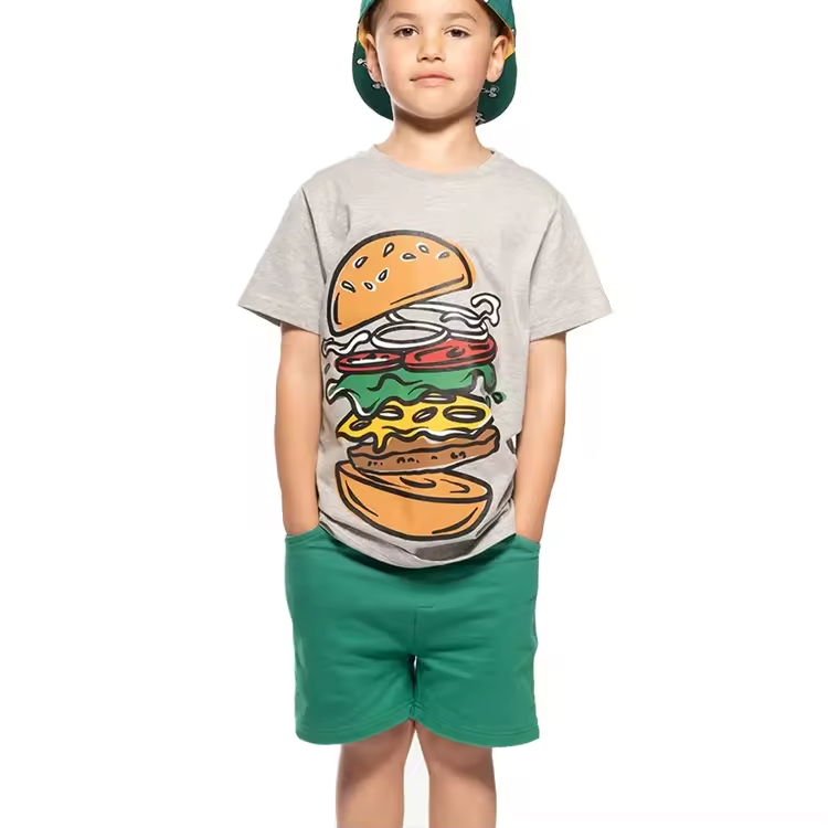 Latest Fashion Guangzhou Wholesale Price Custom Hamburger Printing Kids Shirt Summer Short Sleeve Cotton Boy's T-shirts