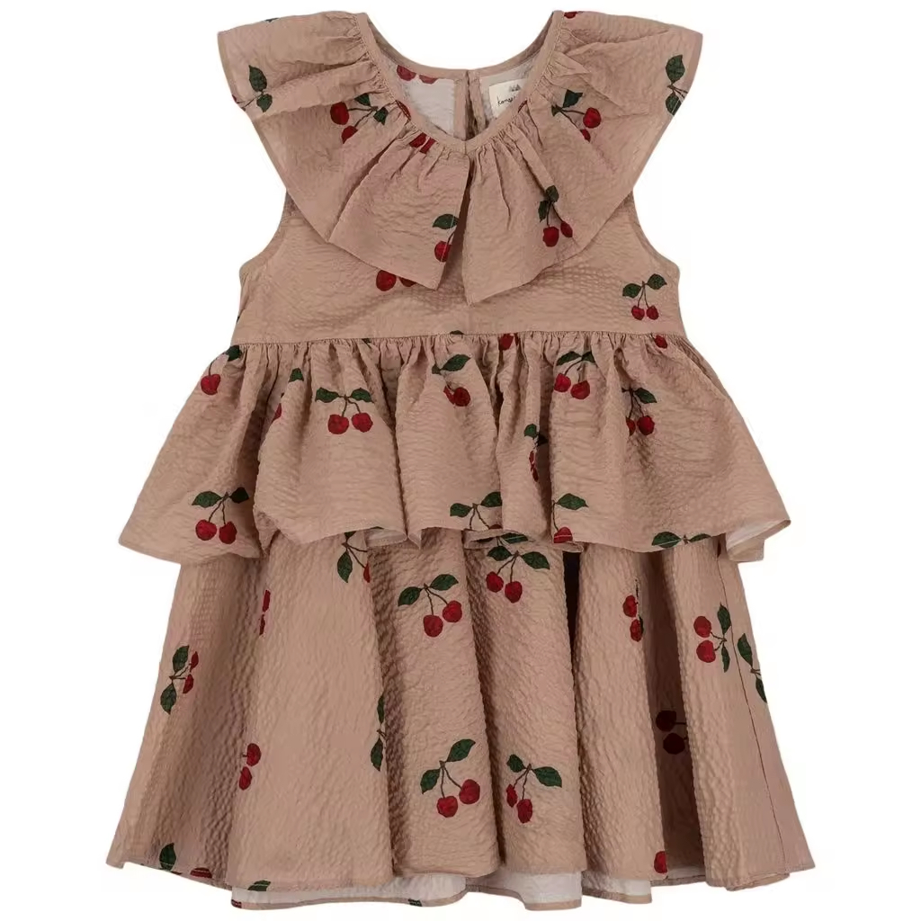 Custom Organic Cotton Brown Children Girls Dresses With Cherry Printed Boutique Toddler Baby Girl Layer Dress Factory