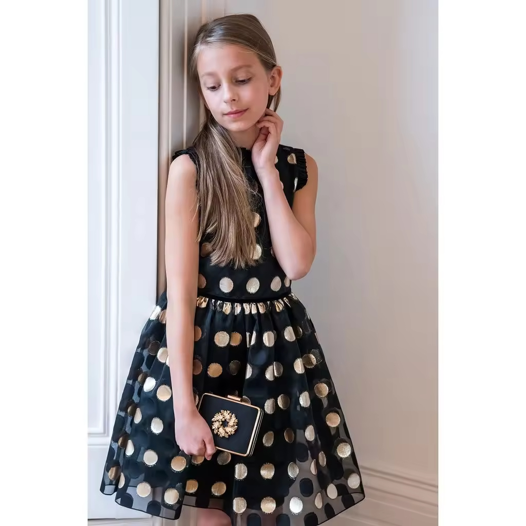 Custom 2024 Elegant Black Lace Children Girls Dresses With Gold Dot Boutique Baby Girl Dress for Party Ball Grown Kids Clothing