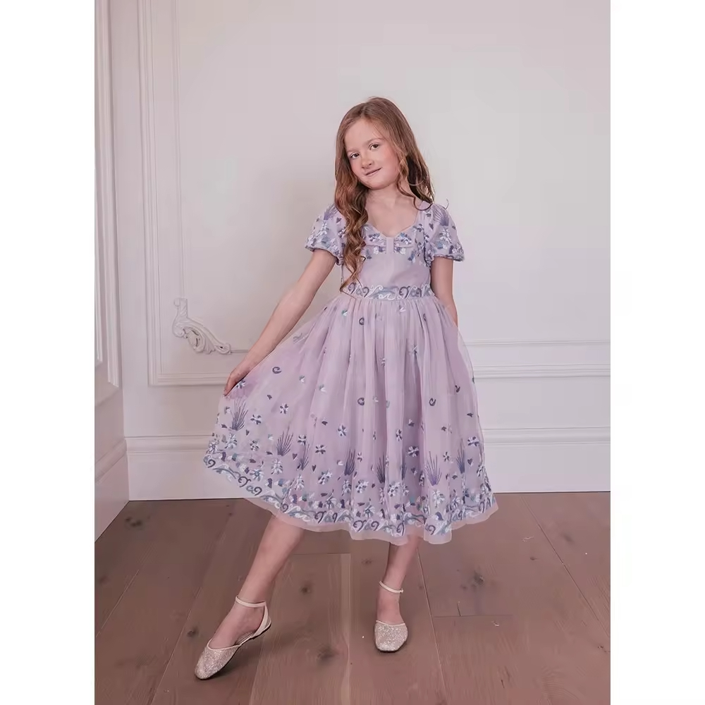 2024 New Arrival pink Lace Children Girls Dresses With Hand Embroidery Boutique Baby Girl Dress Kids Clothing Factory