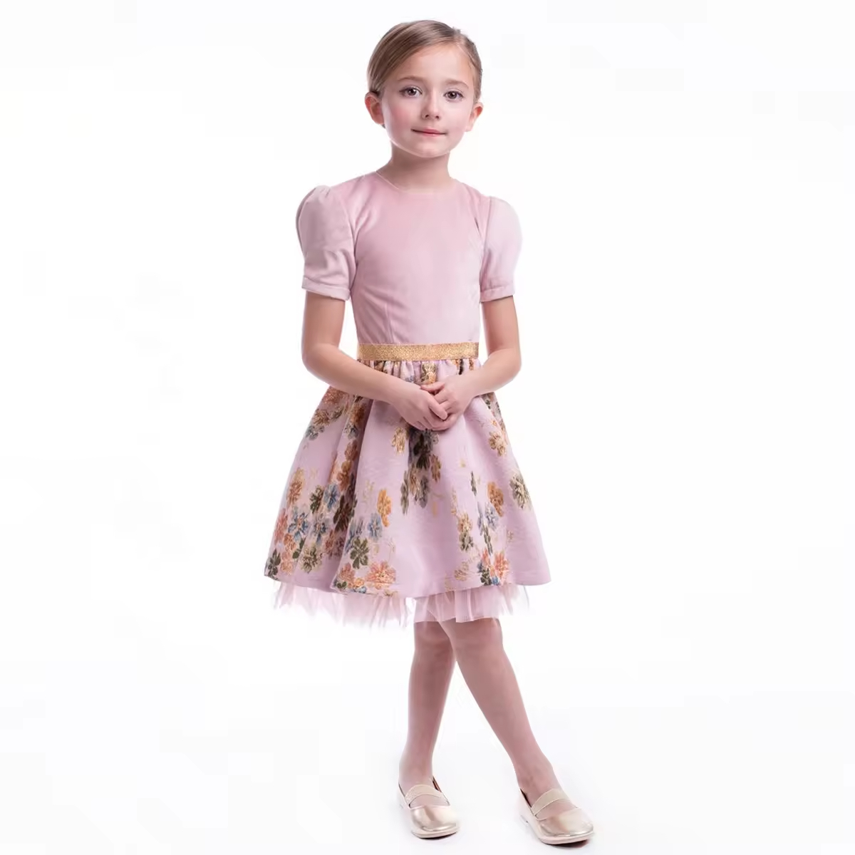 2024 Custom High Quality pink Velvet Elegant Children Girls Dresses With Flower for Party Western Style Kids Clothing Factory