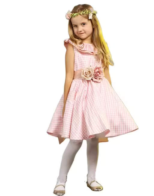 Woven Fabric Girls pink Sleeveless Cotton Flowers Belt Dress Custom Girls Frock Dress