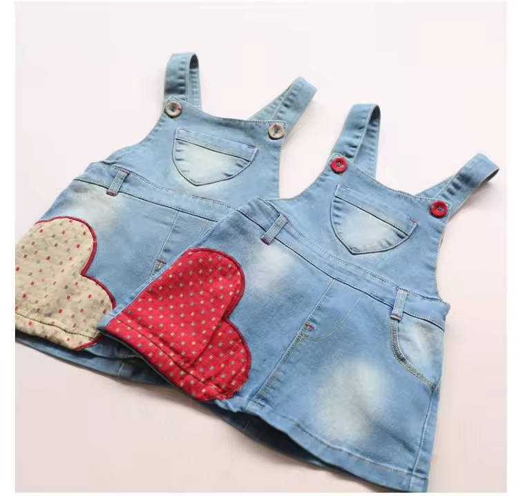 High Quality Kids Jeans Dress with Embroidered Applique Light Wash Wholesale for Girls Clothes