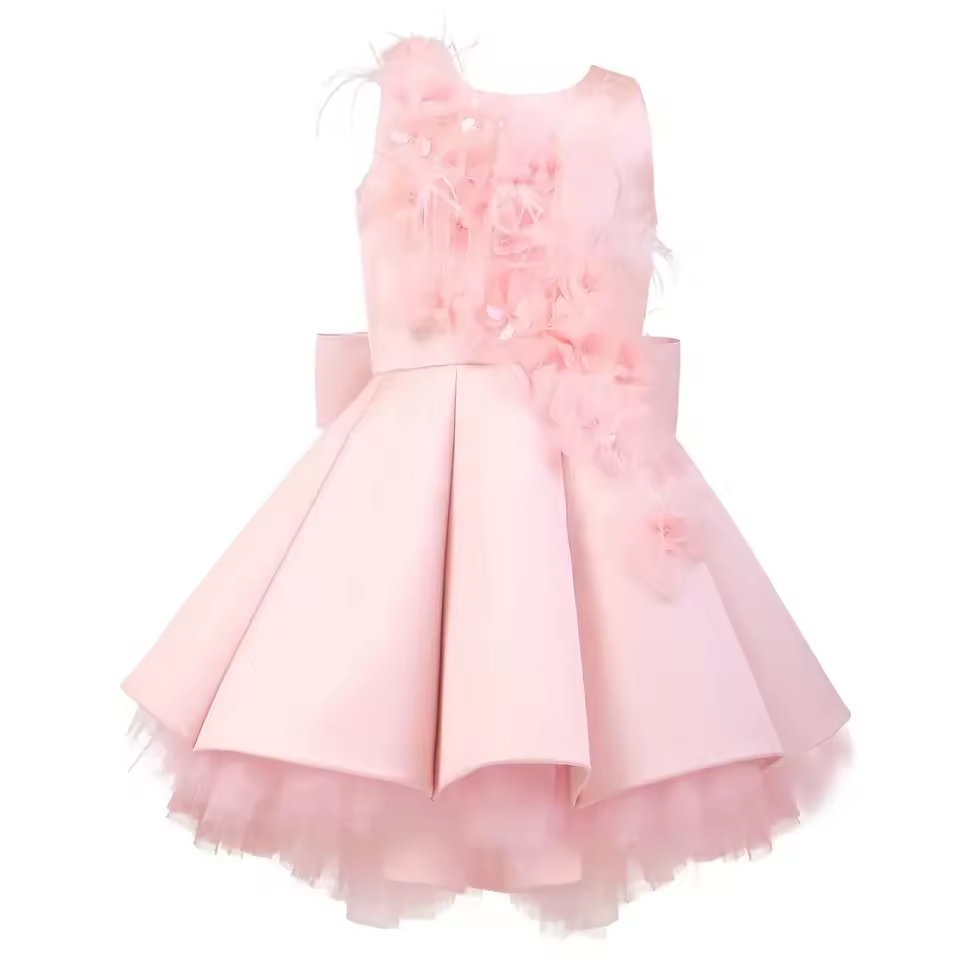 Pink Satin Baby Girls Kids Graduation Gown Dresses With Flower Bow for Wedding Party Children Princess Dress Luxury Clothes