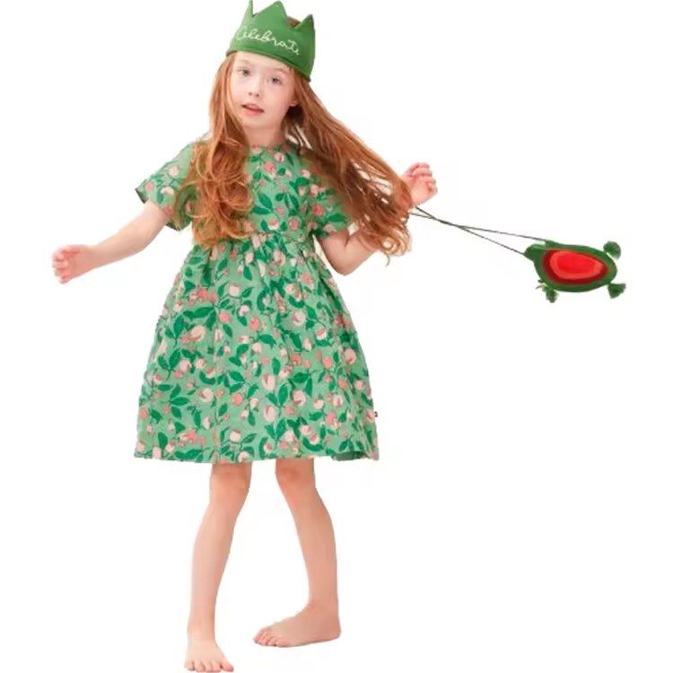 Custom Summer Boutique Crew Neck Short Sleeve Floral Print Dress for Girl Baby Clothes Dress for Kids