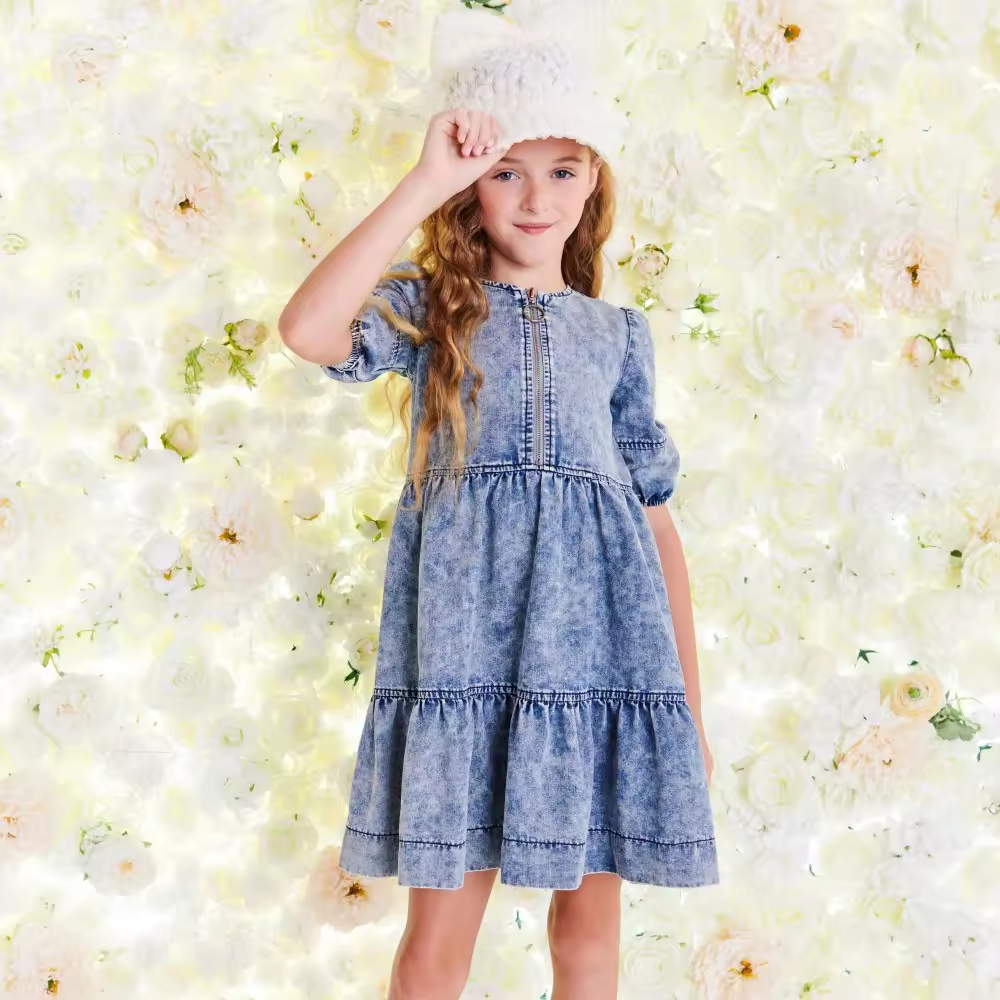Customized Different Style Acid Wash Summer or Autumn Denim Kids Dresses for Girls Brand Knee Length Kids Denim Dress Supplier