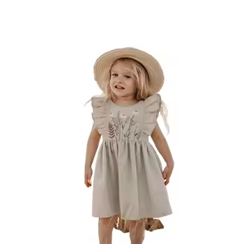 Custom Logo Made Fashion Kids Girls Dress Natural Beige Flutter Sleeves Baby Girl Linen Dress With Handmade Embroidery