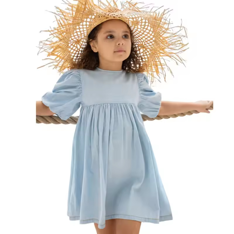 Custom Summer Light Blue Puffy Sleeve Kids Clothes Baby Cotton Jean Denim Basic Vintage Look Dress Girls Dresses for Girls