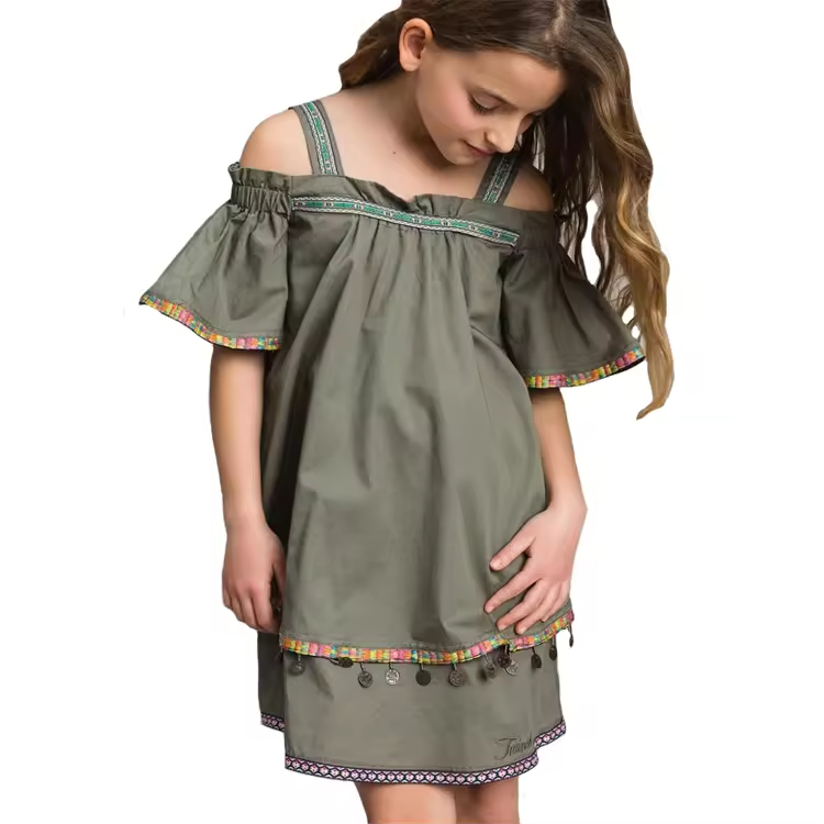 Army Green Baby Girls Summer Dress Ethnic Tassels Children Clothes Girl Dresses