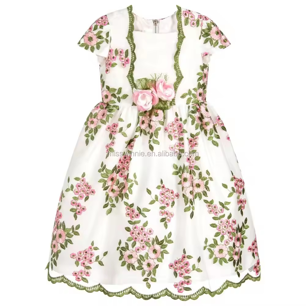 Children Girl Puffy Dress Flower Pattern Cap Sleeve Chiffon Fabric Casual Style