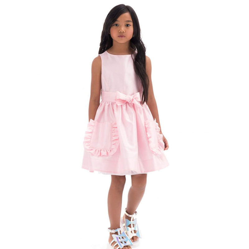 Babys Girls Pink Sleeveless Summer Party Dress with Ruffle Pockets Cotton Round Neck Casual Style for Children