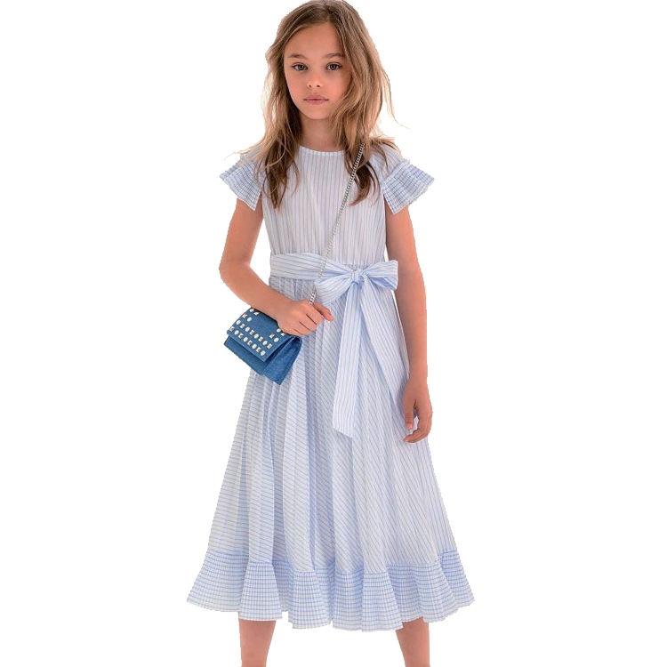 White and Blue Stripes Dress Designs for Small Girls Lovely Girls Cotton Kids Dress Photo