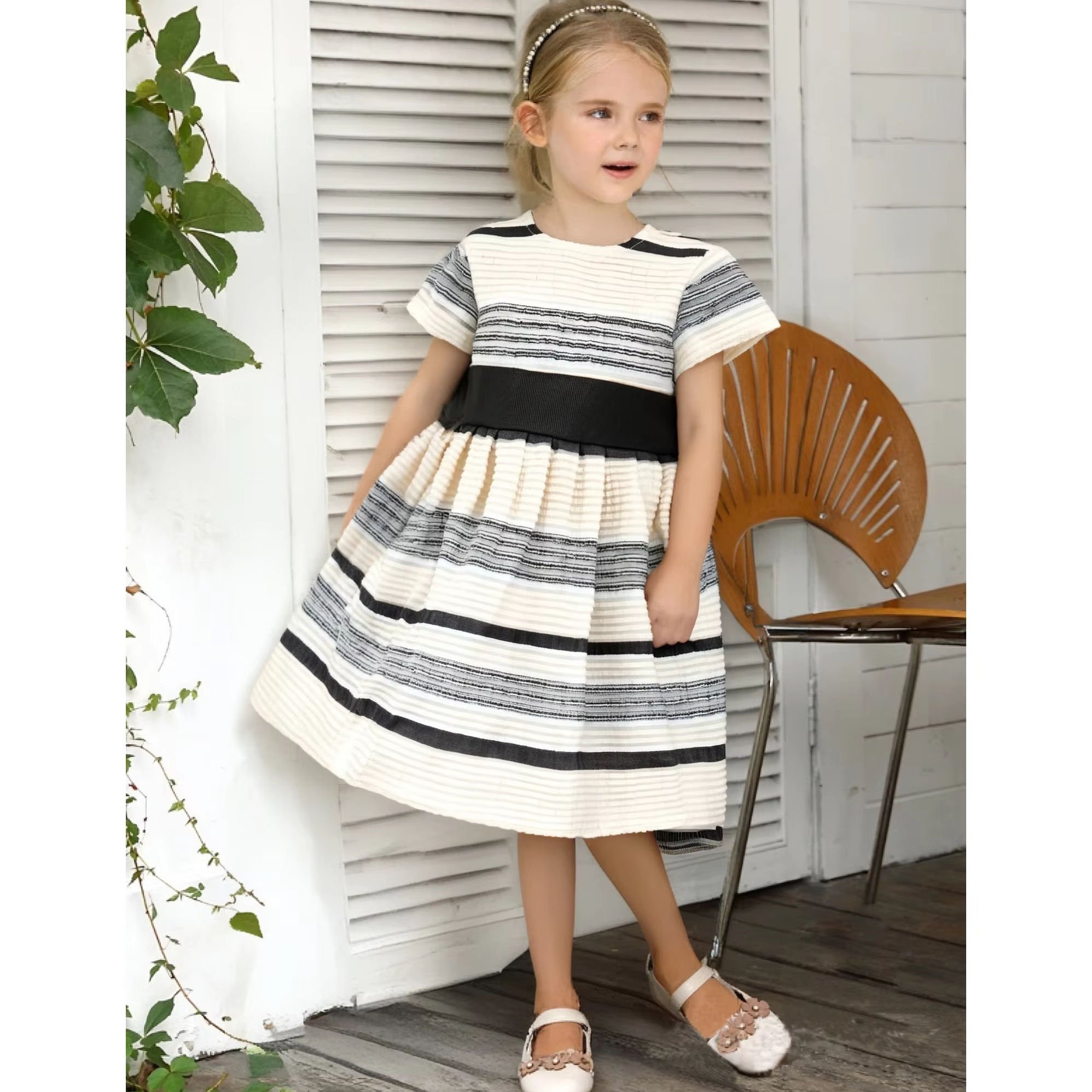Guangzhou Gaoteng Customized Manufacturing Frock Dress Stripes With Belt Summer Style For Girls