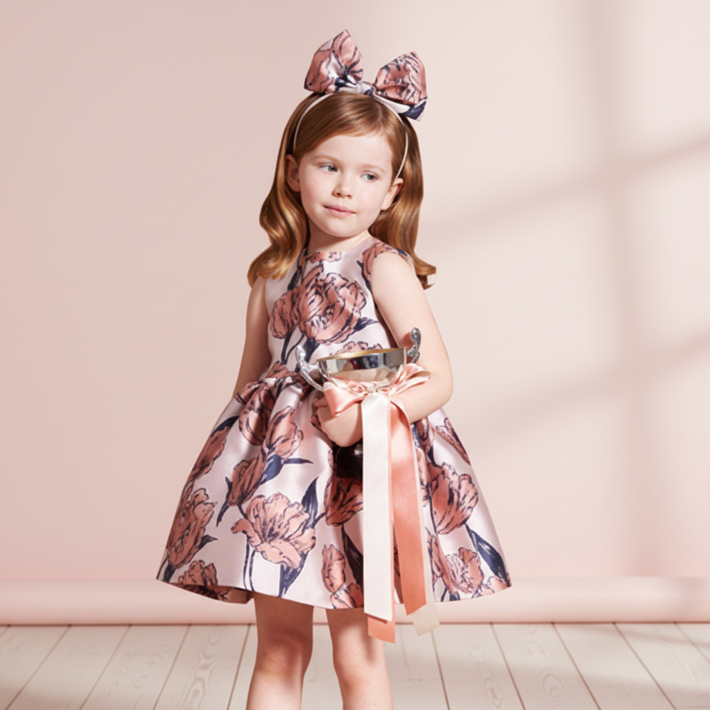 Guangzhou custom polyester jacquard Little Princess Autumn Bow Print A-Line Mini Girls Dress Factory